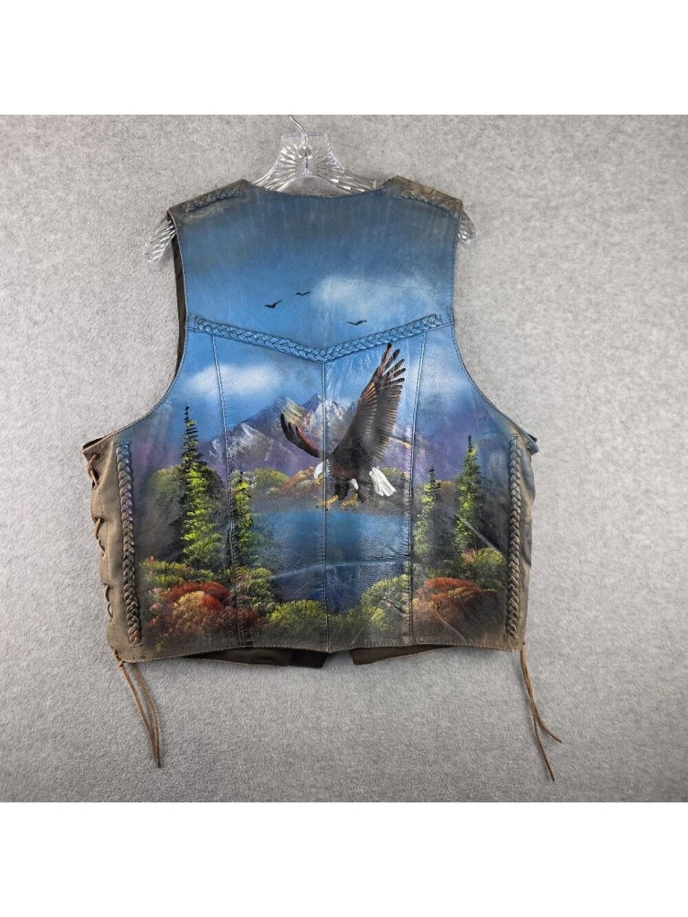 The Leather Shop Vest Mens XL Brown Leather Eagle Scenic Biker Lace Up Vest
